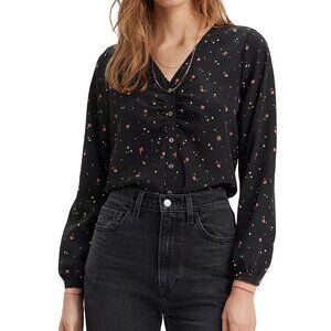 Levi’s Women’s Zenda Ruched Long-Sleeve Blouse Black Floral Size M MSRP $59